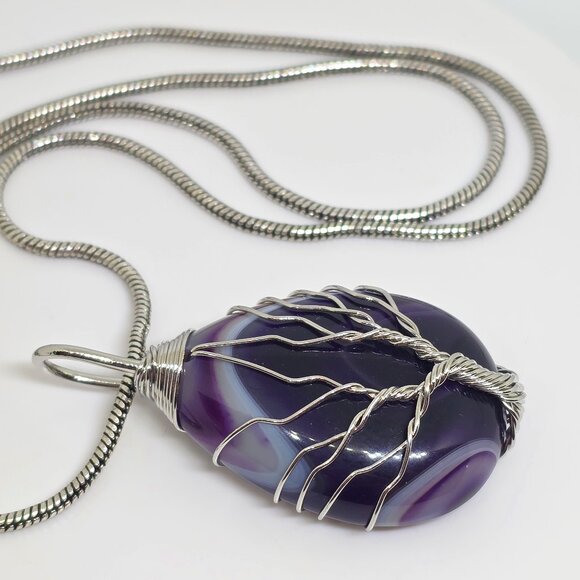 Tree of Life Silver Wrap Teardrop Purple Amethyst Teadrop Agate Pendant Necklace - Picture 7 of 12